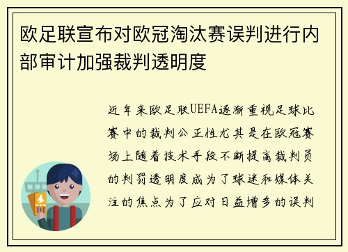 欧足联宣布对欧冠淘汰赛误判进行内部审计加强裁判透明度